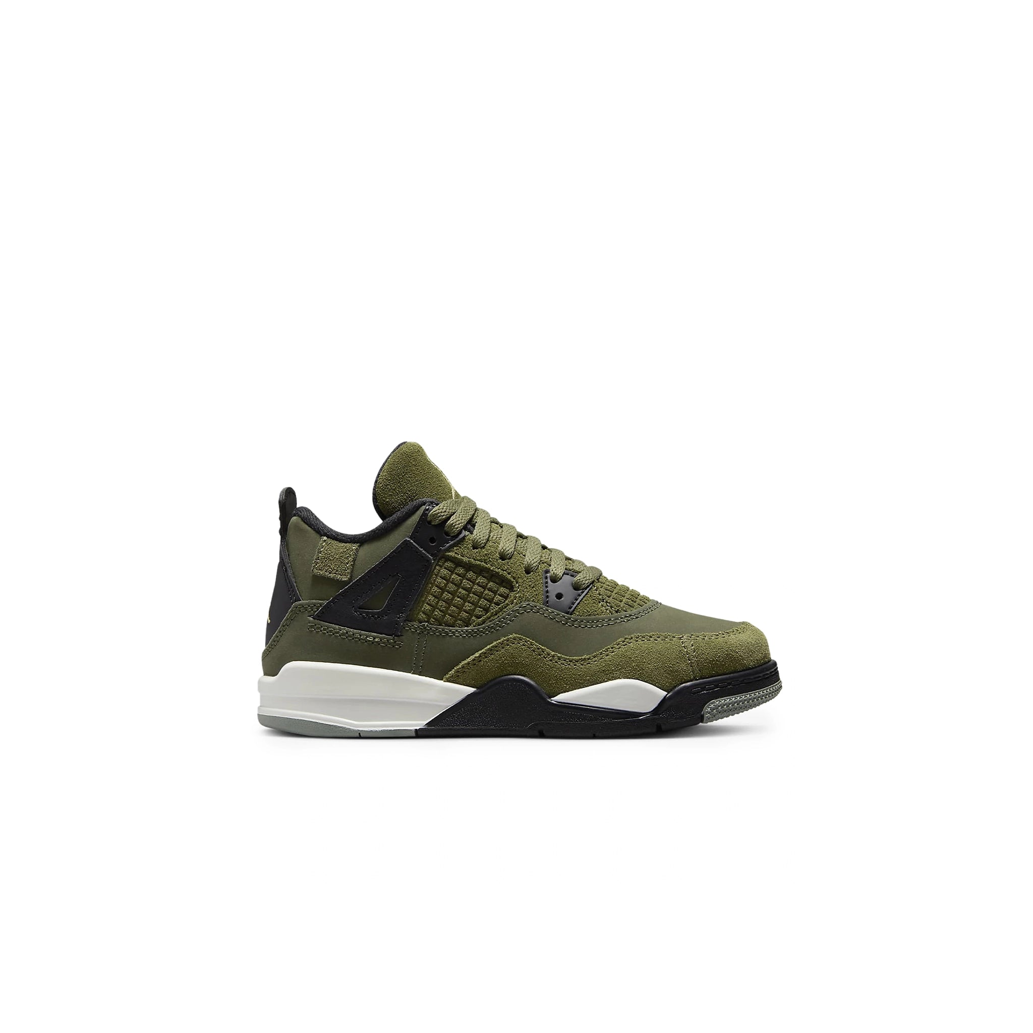 Side view of Air Jordan 4 Retro SE Craft Olive (PS) FB9929-200